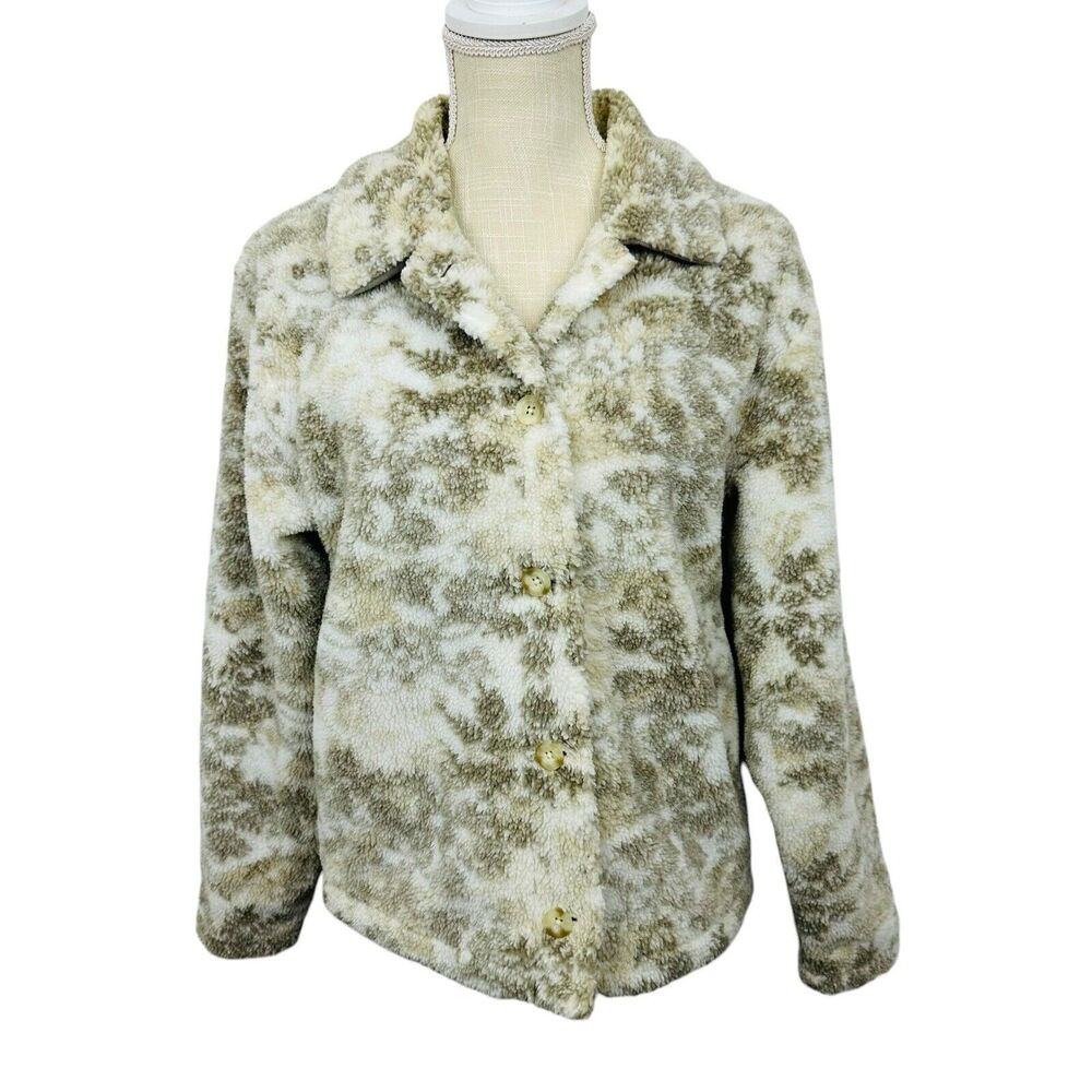 Woolrich Deep Pile Fleece Jacket Button Down Snowflake Womens Size M White Gray